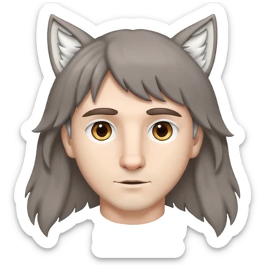 white man with grey eyes, brown hair, curtain bangs, and white wolf ears sticker