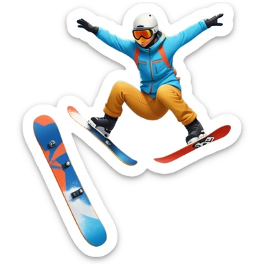 An icon featuring a snowboarder mid-jump, performing a stylish trick above a snowy mountain slope. The background showcases powdery snow, evergreen trees, and a bright blue sky. Transparent background captures the energy, skill, and thrill of snowboarding. sticker