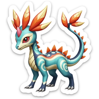 zig-zag-patterned clownish colorful exotic fruity tribal tropical hot swirl-marked Meloetta-Dialga-Salamence-Giratina-Noivern-Pokémon-Fakémon-fusion-hybrid-creature sticker