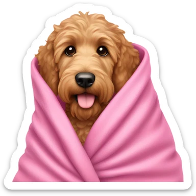 Golden doodle dog wrapped in a pink blanket sticker
