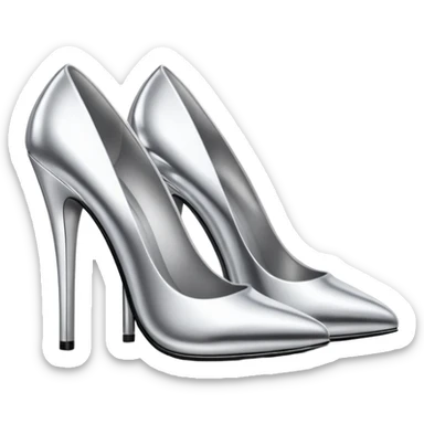 A pair of high heel shoes emoji made of polished silver chrome, elegant sharp silhouette, smooth metallic surface, glossy reflections, luxury sexy vibe, minimalistic iOS emoji style, centered, clean white background sticker