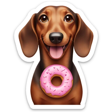smiling dachshund with a pink frosted doughnut  sticker