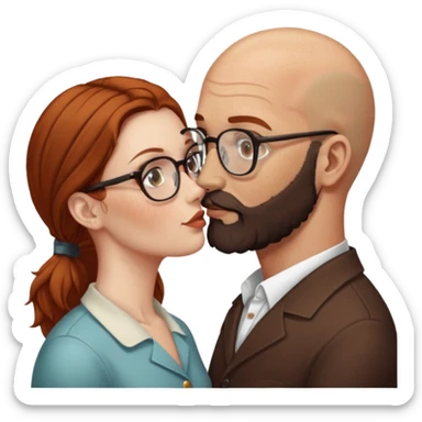 Couple. Bald man with dark brown-black beard. White woman with many small, faded freckles, she has white skin and she has auburn-brown-cinnamon, dark long hair. She has light brown eyes. The man have hazel eyes and glasses. Retro style. She kisses him. sticker