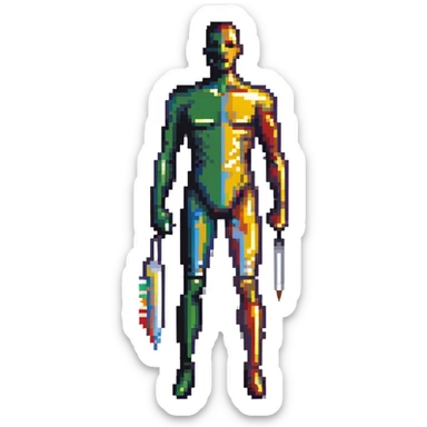 A paintbrush transforming into a metallic human silhouette, symbol of artistic identity sticker