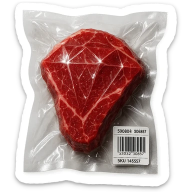 steak with diamond facets and sparkling highlights, glossy and puffy vacuum-sealed style sticker