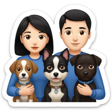 Una chica de pelo negro, con su pareja hombre y sus dos perritas una cafe y la otra negra sticker