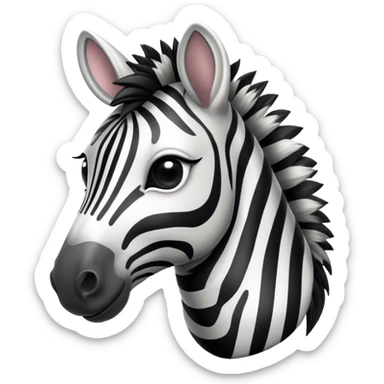 Cinematic Cute Zebra Portrait Emoji, Head tilted playfully and inquisitively, featuring a glossy, intricately striped fur of black and white, a refined, horse-like head with a long snout and alert ears, and round, sparkling eyes filled with curious wonder, Simplified yet irresistibly adorable features, highly detailed, glowing with a warm, friendly glow, high shine, affectionate and spirited, stylized with a touch of savannah whimsy, bright and endearing, soft glowing outline, capturing the essence of a mischievous yet loving zebra that feels like it could prance out of the screen and into your arms! sticker