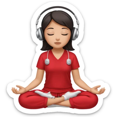 An East Asian woman🧘🏻‍♀️ is sitting cross-legged in a meditation pose, wearing Apple headphones🎧 and listening to music. The song is so beautiful that she has her eyes closed and tears streaming down her face. sticker