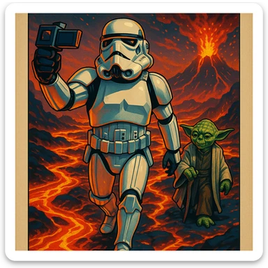 make digital poster art of Camera POV, Starwars stormtroopers vlogging selfie, he is walking on lava planet with yoda
 sticker