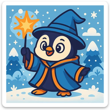 Add a snowy background to the cute penguin wizard casting a spell, keeping the fun and whimsical vibrant toon style. sticker