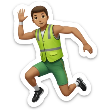 Man jumping over wall with people chasing him wearing green vests sticker