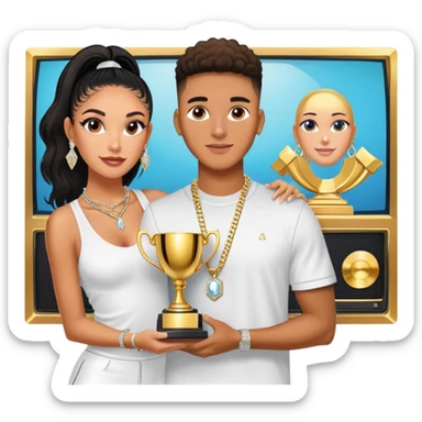 Breaking news Internet celebrity Josh King Madrid jetset wearing shiny diamond earrings and sparkly iced out diamond tennis necklace chains with Instagram model girl tefi valenzuela sitting with him holding gold internet celebrity trophy on tv show in Miami sticker