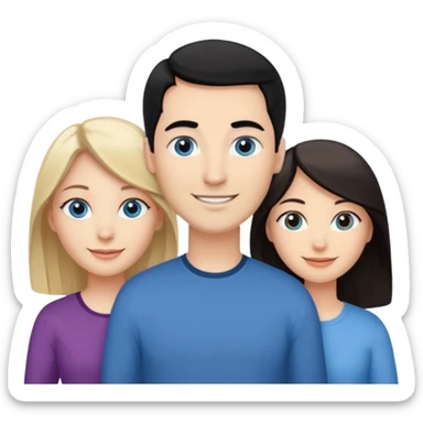 Blond woman with blue eyes on left. And a Man with black hair and grey eyecolor in the middle. And a blank woman with brown hair and grey eyes on the right. Happy together sticker