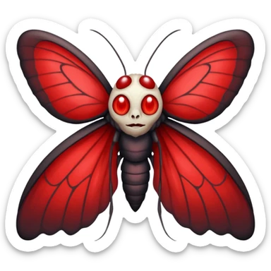 Create a scary emoji of the mothman with bright red eyes and as depicted in the legend. Make it less bird like and more Moth / Human hybrid sticker