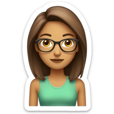 Chica delgada piel blanca, pelo marron liso hasta los hombros con lentes rosados sticker