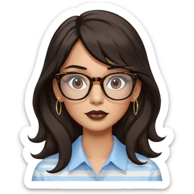 An emoji featuring a woman with very long wavy dark brown hair and a whispy straight bang, wearing thick tortoise square shaped glasses, drop earrings. She has long lashes, black eyeliner and a nude browny glossy lipstick. She's wearing an oversize light blue shirt with white vertical strips.  sticker