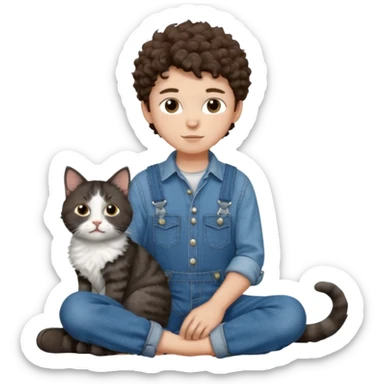 Apple emoji of a curly hair and dark brown eyes 13 year old boy with denim shirt and overalls with a black and white cat sticker