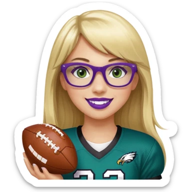 long blonde hair with bangs black rectangle glasses female green eyes football player wearing eagles uniform jersey number 33 holding football smiling purple lipstick sticker