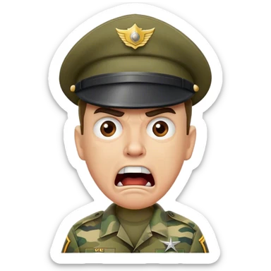 yelling drill sergeant character wearing a classic sergeant hat and a camouflage army shirt. The character should have an angry intense expression. sticker