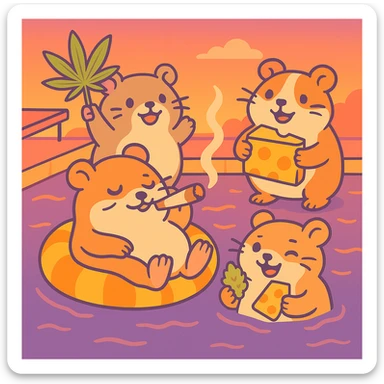 Add a pastel sunset background with gentle orange, pink, and purple gradients behind the pool party scene. Maintain the pastel toon style with a nostalgic, fun, and inviting summer party vibe, including THC/weed/cheese theme elements. sticker