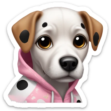  small dog with a white coat and black spots around its eyes. The dog has a small face with expressive, dark eyes and floppy ears, and it's wearing a pink hoodie with a floral pattern.  sticker