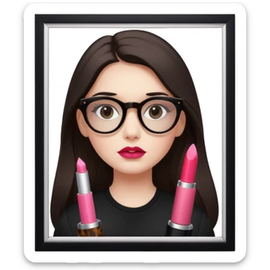 The girl with dark long hair divided in the middle of the head, white skin, black eyes, wearing black shirt and tortoise framed glasses. Lipstick is light smooth old pink. sticker