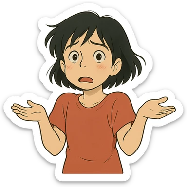 ghibli style confused black-haired girl, expressive 'I don't know what I want to do' face sticker