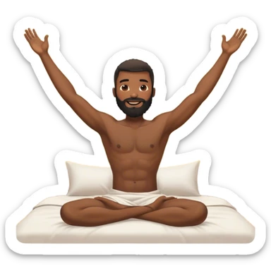 black beard happy shirtless man waking up out of bed stretching arms with sunshine in the back sticker