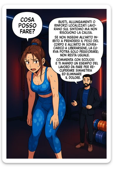 ispirati a questo stile di disegno e fai questa immagine in versione manga/webtoon a colori, il manga mostra la donna preoccupata che chiede: "COSA POSSO FARE?" E L'UOMO CHE RISPONDE: Busti, allungamenti o rinforzi localizzati lavorano sul sintomo ma non risolvono la causa. Se non insegni all’arto inibito a prendersi il peso del corpo e all’arto in sovraccarico a liberarsene, la curva potrà solo peggiorare; non resta uguale. Commenta con scoliosi e ti mando un esempio del lavoro da fare per recuperare simmetria ed eliminare il dolore. sticker