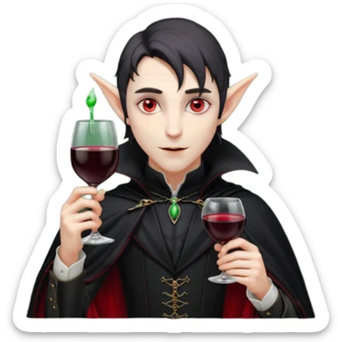 male elf vampire emoji, pale skin, red glowing eyes, long pointed ears, black high-collared cloak with red lining, holding a wine glass filled with red liquid, elegant Halloween fantasy look, smooth Apple emoji style, clean white background, square image sticker