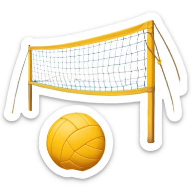 The scene captures the relaxed yet competitive vibe of beach volleyball, with warm sunlight and the natural beauty of the beach. A volleyball resting on the yellow sand on a beach, with the net in the background and a scenic view of the ocean and sky.  sticker