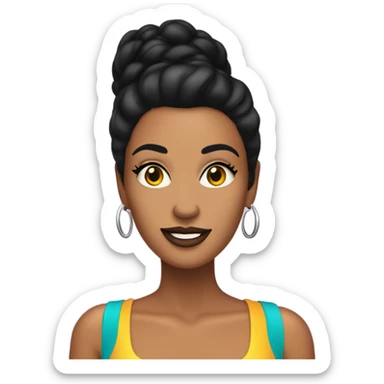 Tanned woman with black hair dressed in 1990s r&b hair, makeup, and neon attire  sticker