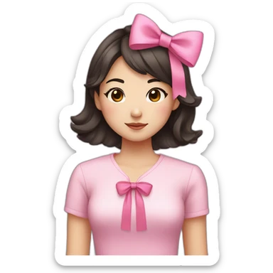 25 year old chinese american girl who loves bows and pink with dark brown hair and a round face sticker