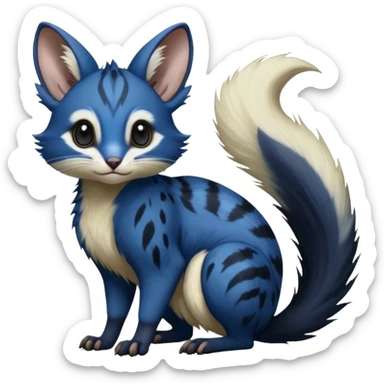 Dark-cobalt-blue, black-pointed, soft realistic romantic vintage antique divine beautiful elegant pretty precious cute young youthful  Fakémon-Pokémon-alien-opossum-squirrel-feline-serval-caracal-chinchilla-Minccino-Cinccino-Meowstic-rodent-hybrid-creature with a big fluffy bushy tail (full body) sticker
