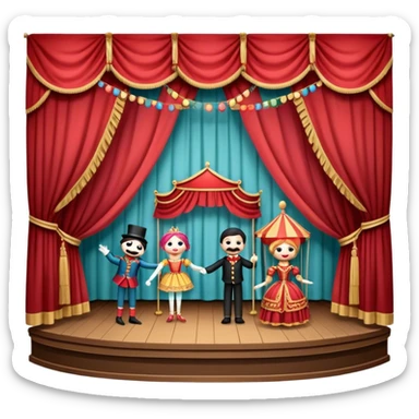Icon for Puppet Theater: a puppet stage with curtains and marionettes performing on stage. The icon should represent the charm and artistry of puppet theater, with focus on the puppet and the stage setting. Transparent background. sticker