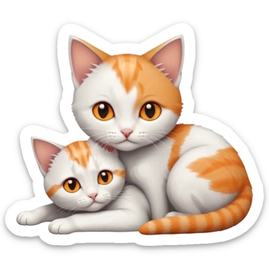 full body of very small + skinny ginger and white kitten with deep orange eyes and triangular shaped face lying down cuddling a grey and white kitten who is a bit bigger than him sticker