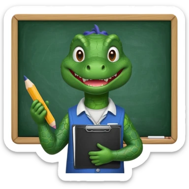 A 1960s style image of a gator with a clipboard and a pencil in front of a chalkboard sticker