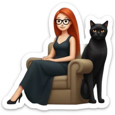 woman with long straight red hair and black-rimmed glasses, in a dress, sitting in an armchair, with a black cat on her lap sticker