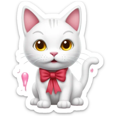 A white cartoon cat hello ki with a red bow on its left ear, looking disgusted, a stream of pink liquid from its mouth sticker