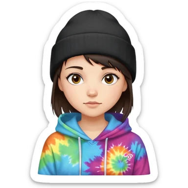 shaved haired brunette girl with a black beanie on and a tiedye hoodie. please make her hair even shorter but a side bang sticking out of her beanie sticker