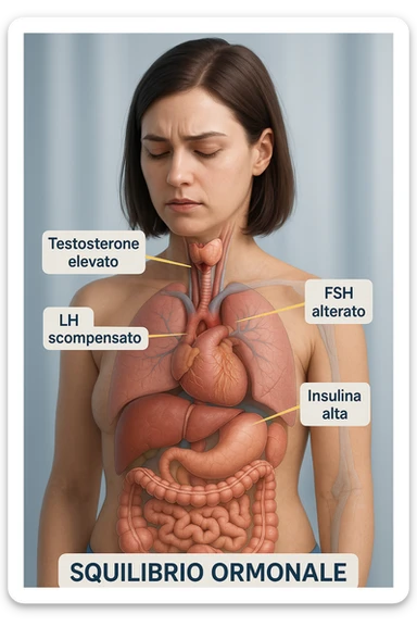 medical 3D vertical image 2:3 of a woman with PCOS showing imbalanced hormones inside the body such as testosterone, LH, FSH, insulin causing problems, visually highlighting hormonal imbalance, clinical atmosphere, realistic details, captions in Italian sticker