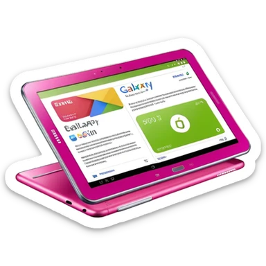 Hyperrealistic ultra detailed 3D rendering and isolated, 8K HD, Must be visual appealing, not blurry, no emoji icons, no emoji faces. A hot pink, white and lime green Samsung galaxy tablet with the screen lit up clearly email icon and Google play store symbol. Must be 8k, DPI 300, Clean design. sticker