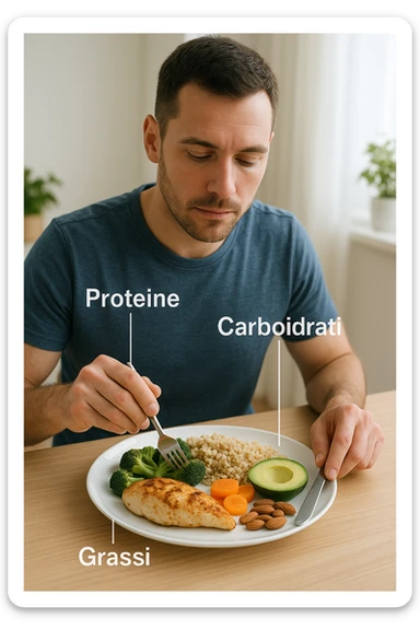 uomo che fa alimentazione attraverso i giusti macronutrienti. Scritte in ITALIANO immagine 4k realistica sticker