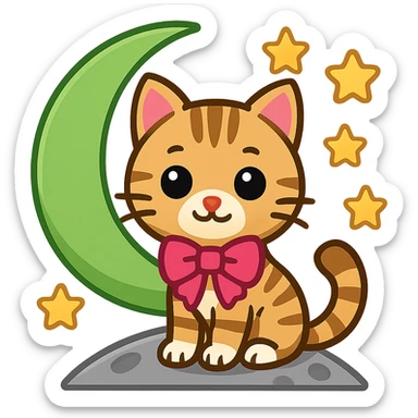 Change the moon to green, keep the tabby cat with pink bow, in emoji style with no background. sticker