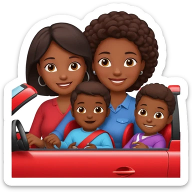 Dark Skin mom with two children, one young boy and a baby girl in a car red sticker