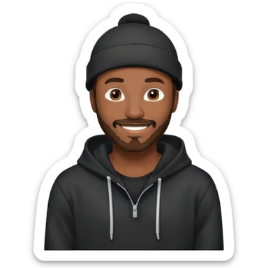 African yound man in his late 20s with a beanie and a bright smile with a full short boxed beard and moutache , and a low cut hair, black hoody sticker