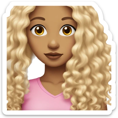biracial girl with curly blonde long hair, full pink lips, small nose, almond shpaed brown eyes and a pink shirt sticker