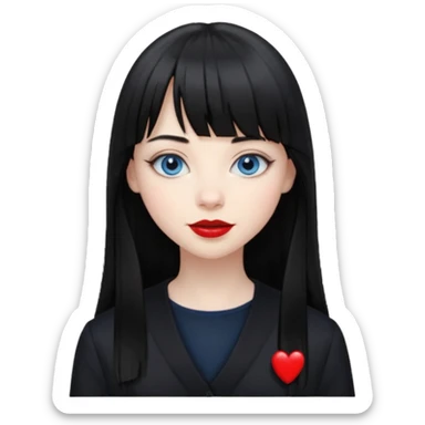 20 yr old woman long straight black hair, pale skin, blue eyes, red lipstick, black clothes, small smile, bangs sticker