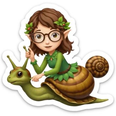 tiny forest elf woman brown wavy hair glasses riding a snail sticker