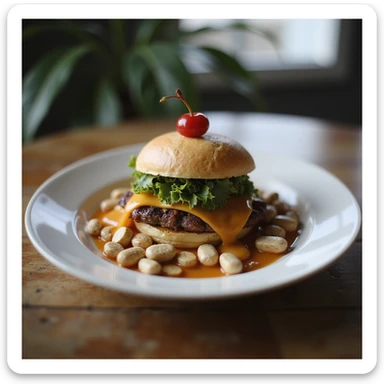 realistic image of a dietary supplement creatively placed as the cherry on top of a healthy food plate, elegant atmosphere, refined details, modern environment sticker